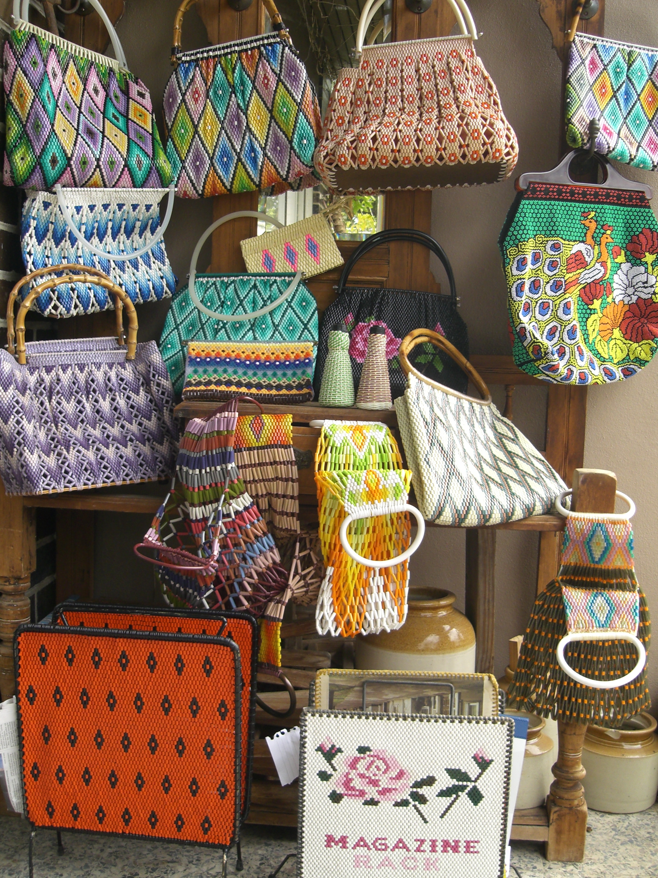 Handbags and other items made from plastic beads cut from flame polished plastic tubing  - as was done in the mid-1960s