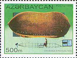 Azerjaibani stamp of pedal powered airship or pedal powered blimp