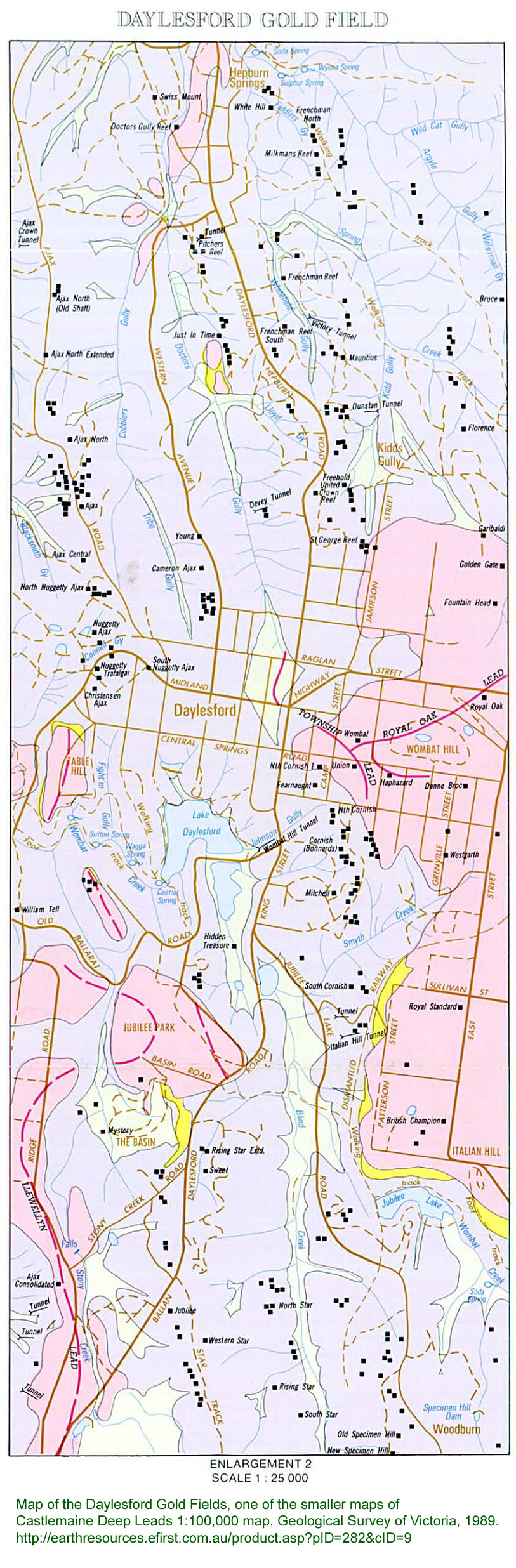 Map of the Daylesford Gold Fields, one of the smaller maps of Castlemaine Deep Leads 1:100,000 map, Geological Survey of Victoria, 1989. http://earthresources.efirst.com.au/product.asp?pID=282&cID=9