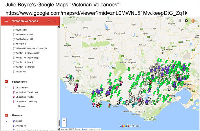 Julie Boyce's interactive Google Map of all the volcanoes in Victoria and South Australia