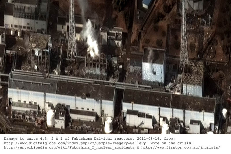 Damage to units 4, 3, 3 and 1 of Fukushima I nuclear power plant 2011-03-16 from digitalglobe.com