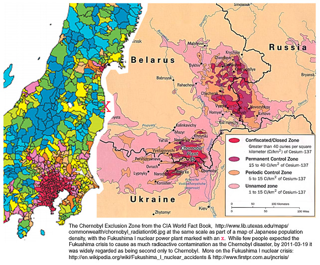 Japanese Fukushima I nuclear crisis and the exclusion zone around the Chernobyl disaster, mapped at the same scale