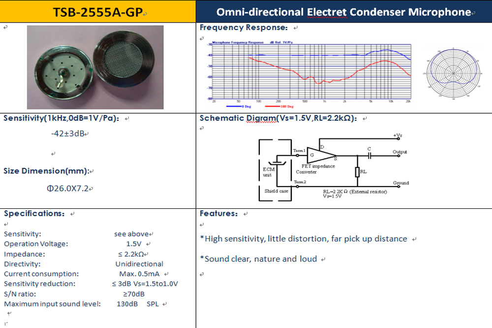 ARchived datasheet for Transsound 26mm unidirectional (cardioid?) electret condensor microphone, without FET.
