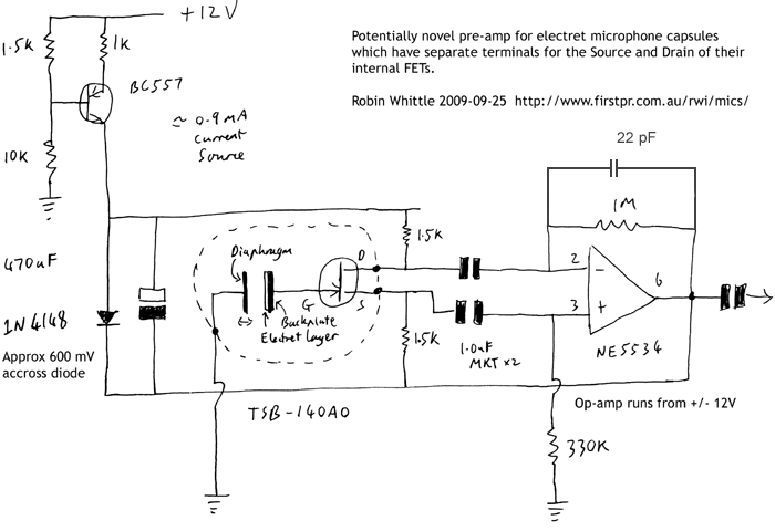 Potentially novel pre-amp for electret microphones which have separate connections for the Source and Drain of their internal FET