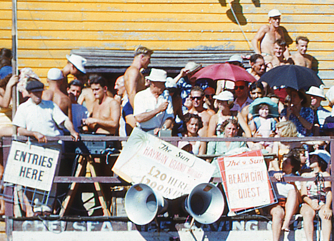 DJ with 78 RPM turntable and announcer at the 1953 Sun Beachgirl Quest, Chelsea Lifesaving Club